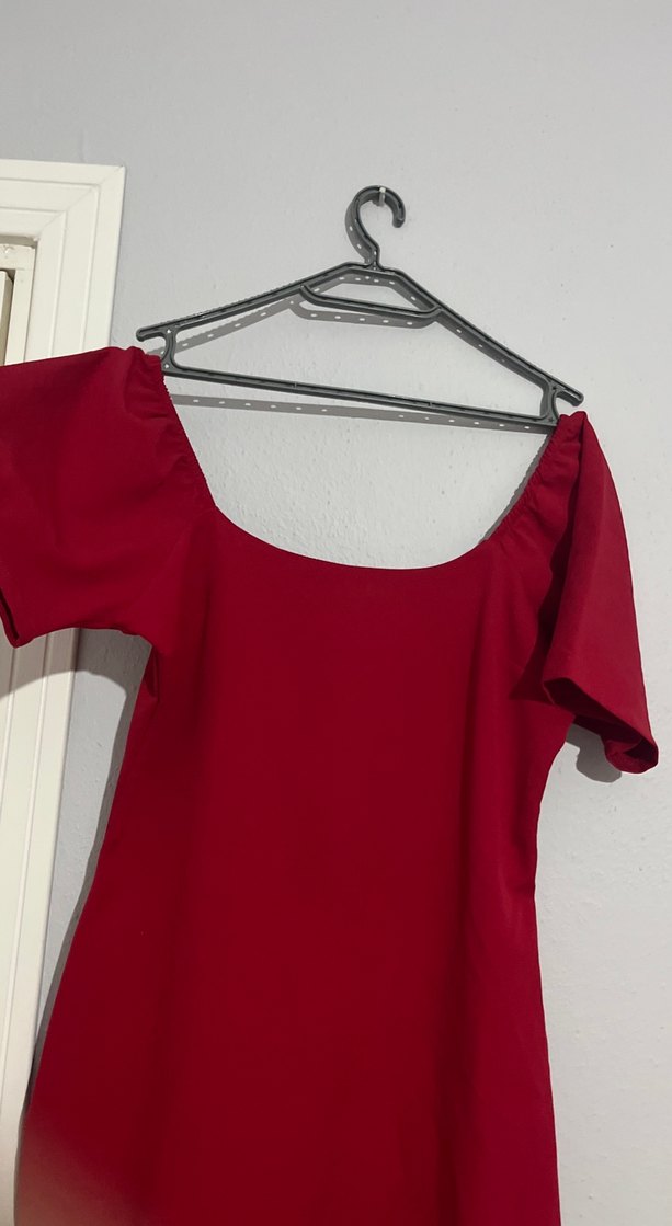 Bordo Midi Fırfırlı Kısa Kollu Kadın Elbise - Görsel 3