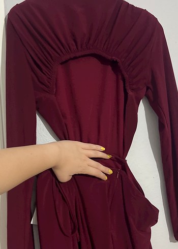 Bordo Uzun Kollu Drapeli Uzun Elbise - Görsel 5