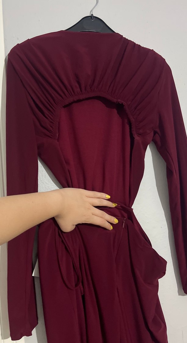 Bordo Uzun Kollu Drapeli Uzun Elbise - Görsel 5