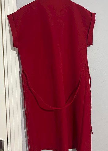 Kırmızı Düğmeli Midi V Yaka Kadın Elbise - Görsel 3