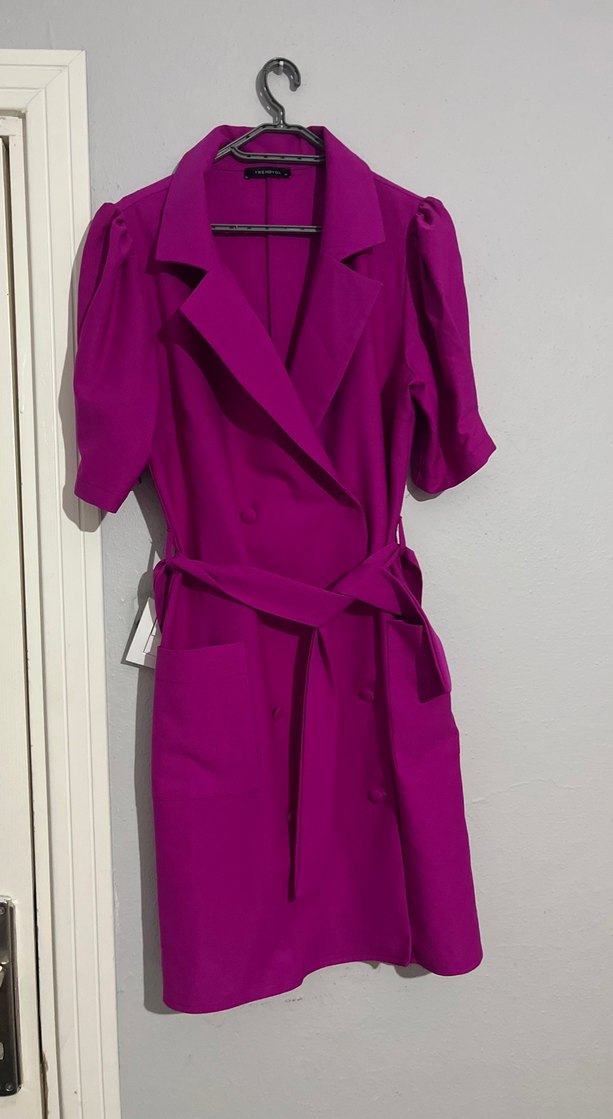 Düğmeli Mor Kadın Uzun Ceket - Görsel 4