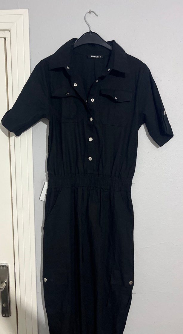 Kadın Siyah Uzun Kemerli Tulum - Görsel 2