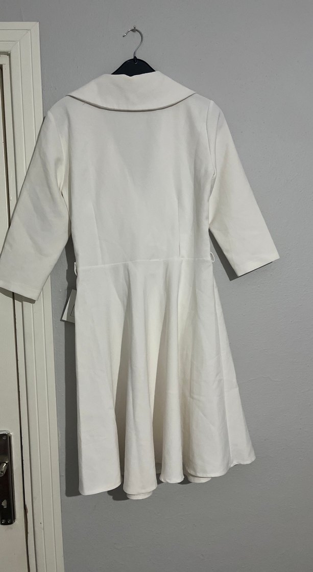 Beyaz Modern Klasik Midi Elbise - Görsel 4