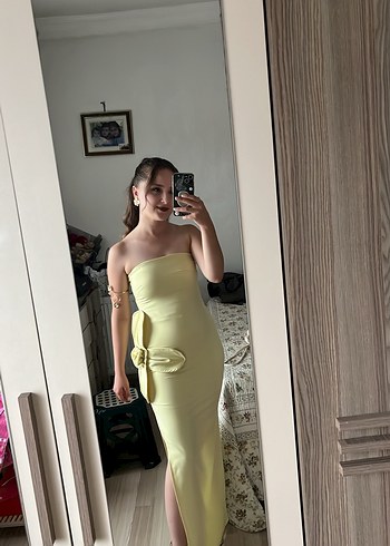 Sarı Straplez Midi Kadın Elbise