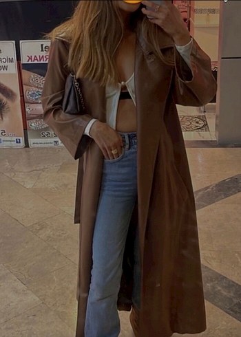 l Beden Zara Kahverengi Deri Kadın Trençkot uzun L beden