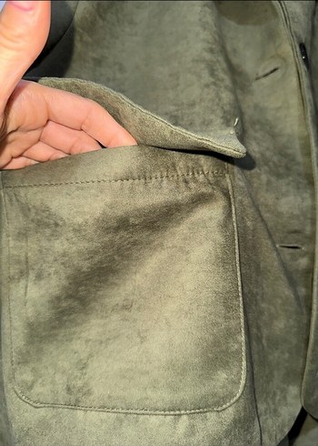 s Beden haki Renk Kadın Haki Süet Uzun Ceket ve Pantolon Takımı 1499