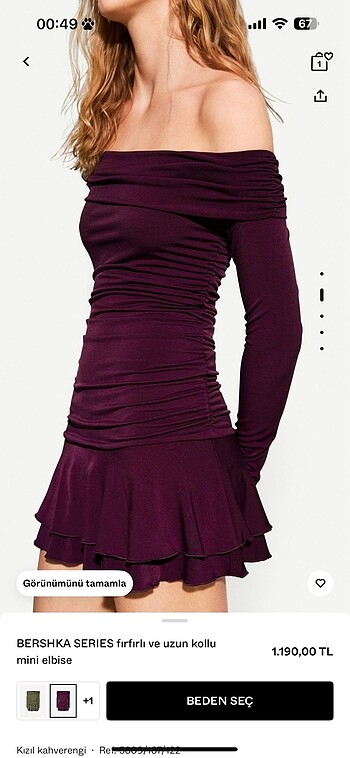 s Beden BERSHKA SERIES FIRFIRLI VE UZUN KOLLU MİNİ ELBİSE SIFIR LİLA REN