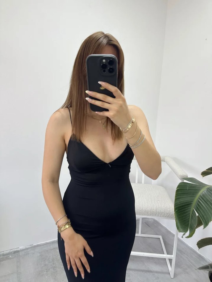 Bershka siyah V Yaka Uzun İnce Askılı Elbise - Görsel 2