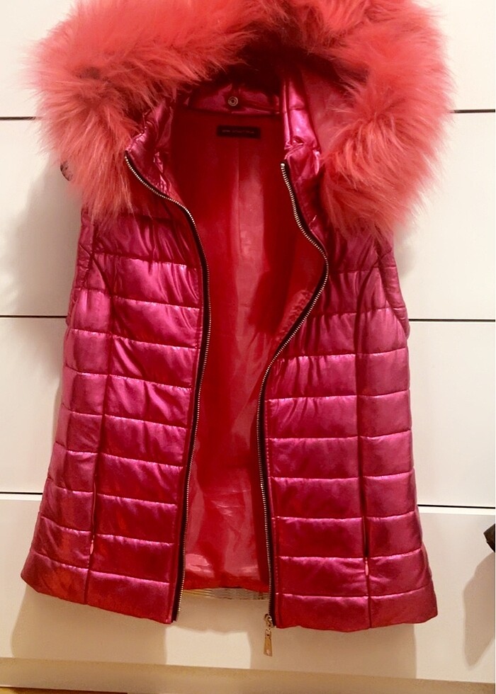 Pembe şişme tüylü Kadın yelek.1 defa giydim.38/40 - Görsel 5