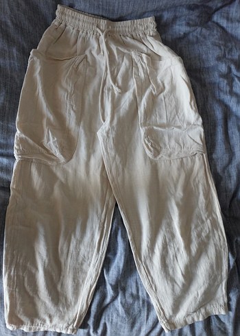 Bej Keten Bol Kesim Midi Pantolon
