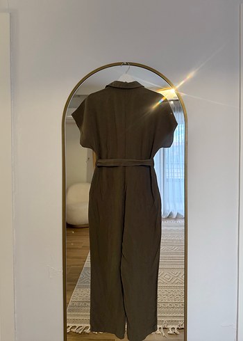 Mango Koyu Yeşil Keten Kemerli Uzun Kadın Tulum - Görsel 5