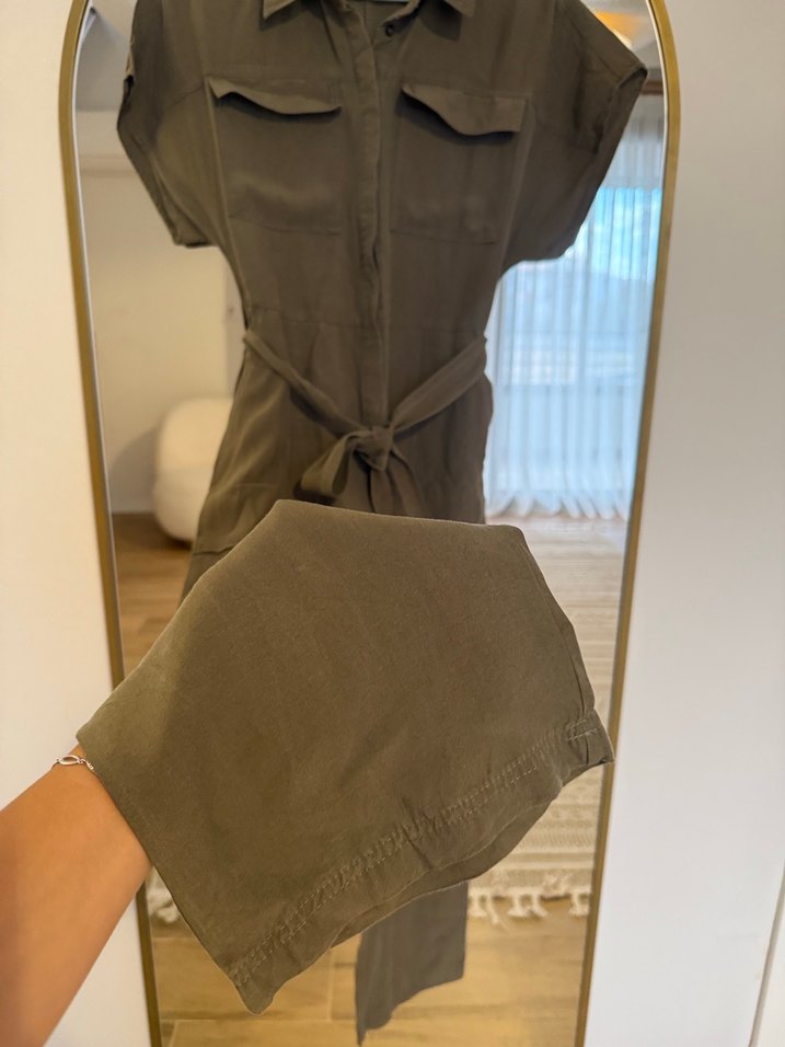 Mango Koyu Yeşil Keten Kemerli Uzun Kadın Tulum - Görsel 4