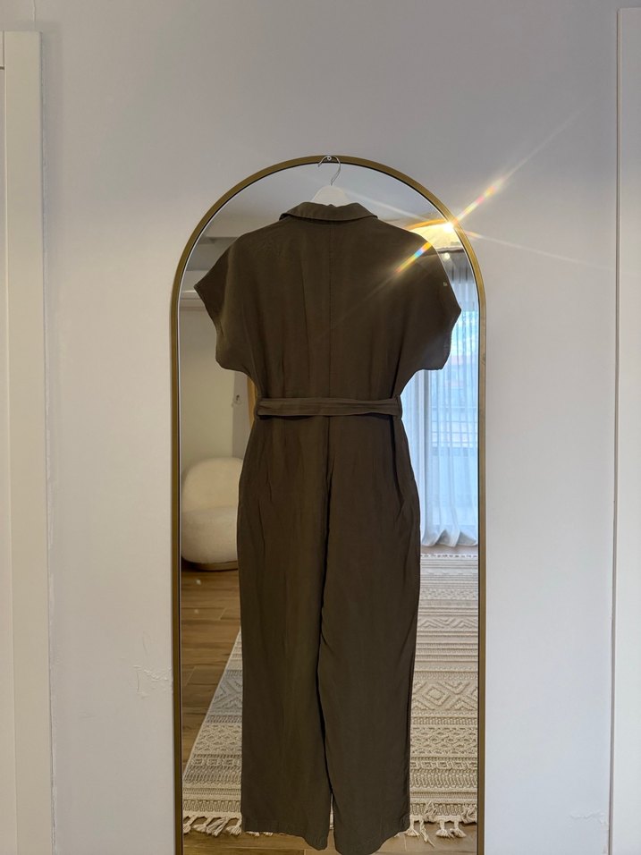 Mango Koyu Yeşil Keten Kemerli Uzun Kadın Tulum - Görsel 5