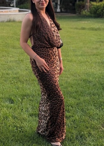 Zara Zara Leopar Desenli Sıry Dekolteli Uzun Drapeli Kadın Elbise