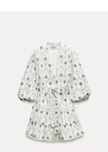 Zara Beyaz Desenli Keten Mini Elbise
