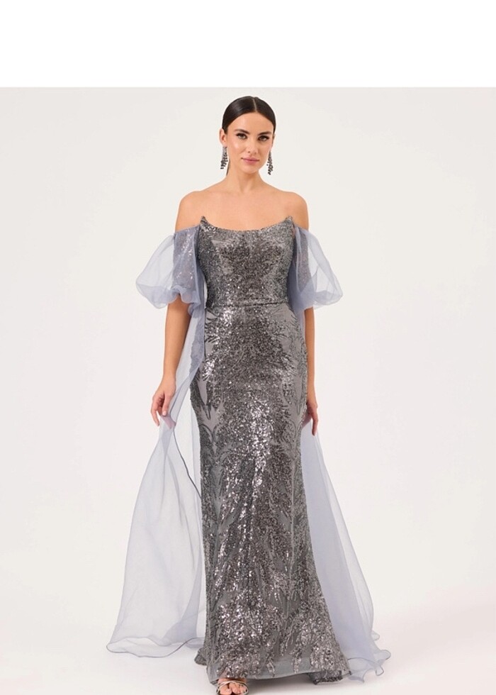 ILMIO ÇIKARILABİLİR KOLLU STRAPLEZ PAYETLİ ABİYE - Görsel 3