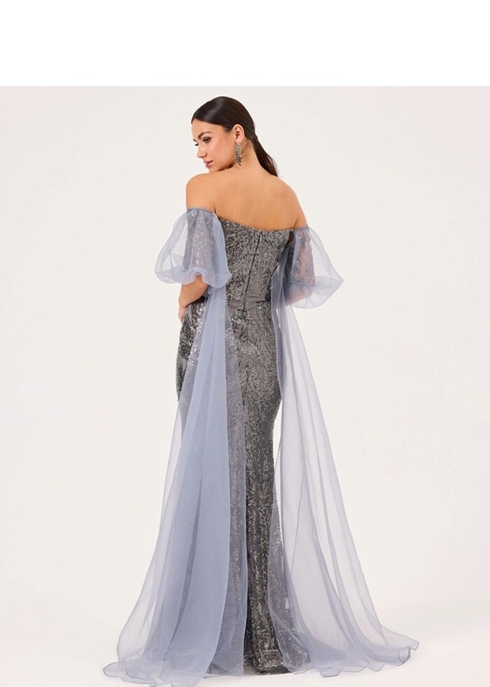 ILMIO ÇIKARILABİLİR KOLLU STRAPLEZ PAYETLİ ABİYE - Görsel 4