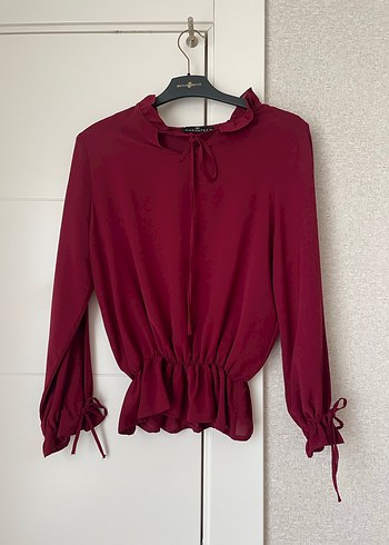 Bordo Uzun Kollu Fırfırlı Kadın Bluz