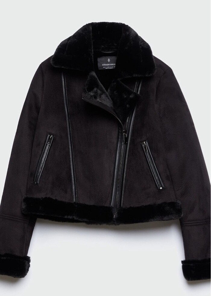 Stradivarius içi suni kürklü crop biker ceket - Görsel 2
