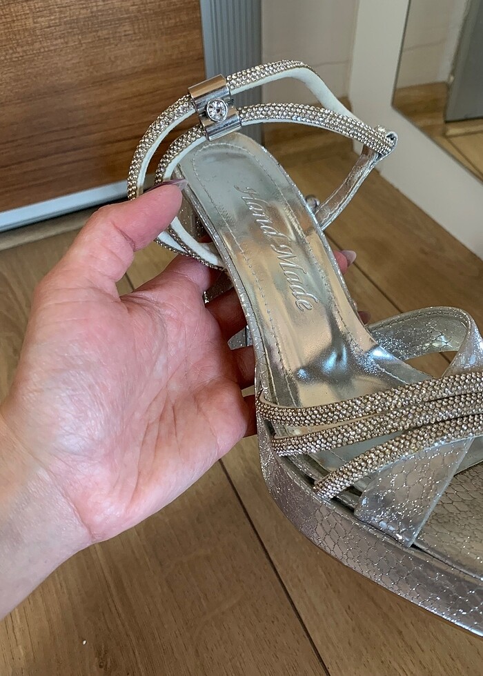Handmade abiye gümüş topuklu ayakkabı - Görsel 3