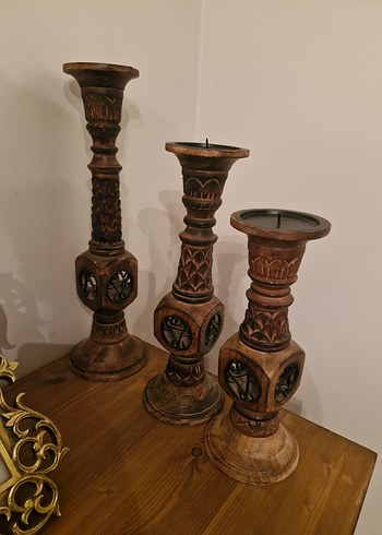 Bej Renkli Koyu Ahşap Mumluk Seti