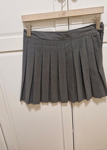 l Beden gri Renk Gri Pileli Denim Mini Etek