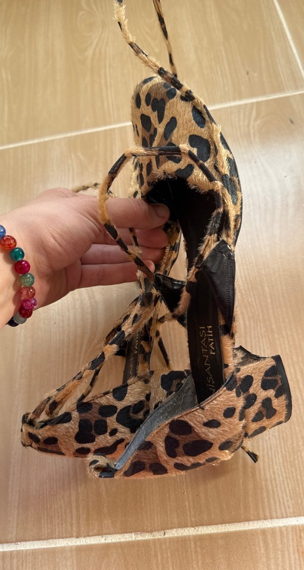 Kürklü Leopar Desenli Kadın Hasır Topuklu Ayakkabı - Görsel 3