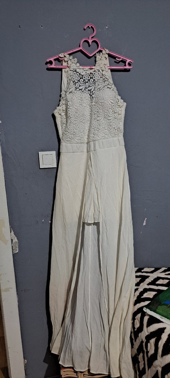 Dantel Detaylı Uzun Beyaz Abiye Elbise - Görsel 3