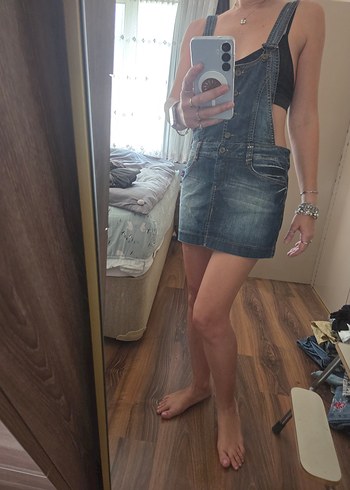 Kadın Koyu Mavi Denim Kısa Tulum - Görsel 4