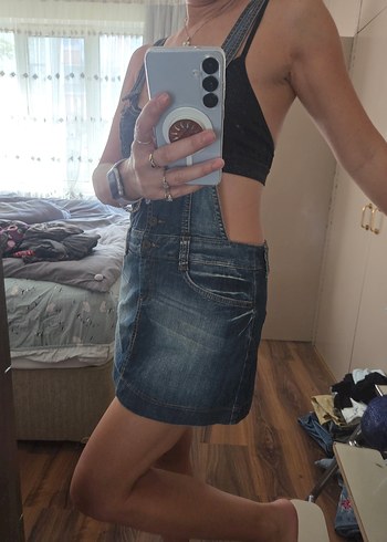 Kadın Koyu Mavi Denim Kısa Tulum - Görsel 2