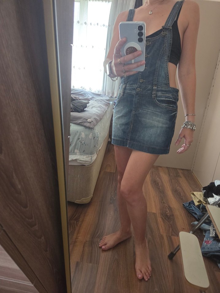 Kadın Koyu Mavi Denim Kısa Tulum - Görsel 4