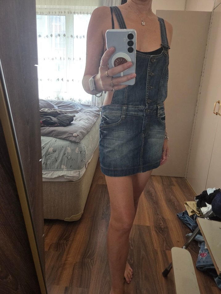 Kadın Koyu Mavi Denim Kısa Tulum - Görsel 3