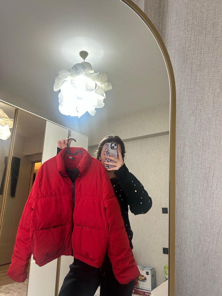 Parlak Kırmızı Fermuarlı Kadın Kışlık Ceket - Görsel 4