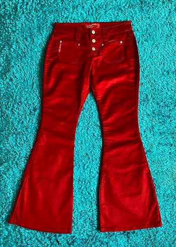 Düğmeli Kırmızı Kadın kadife İspanyol Paça Pantolon - Görsel 3