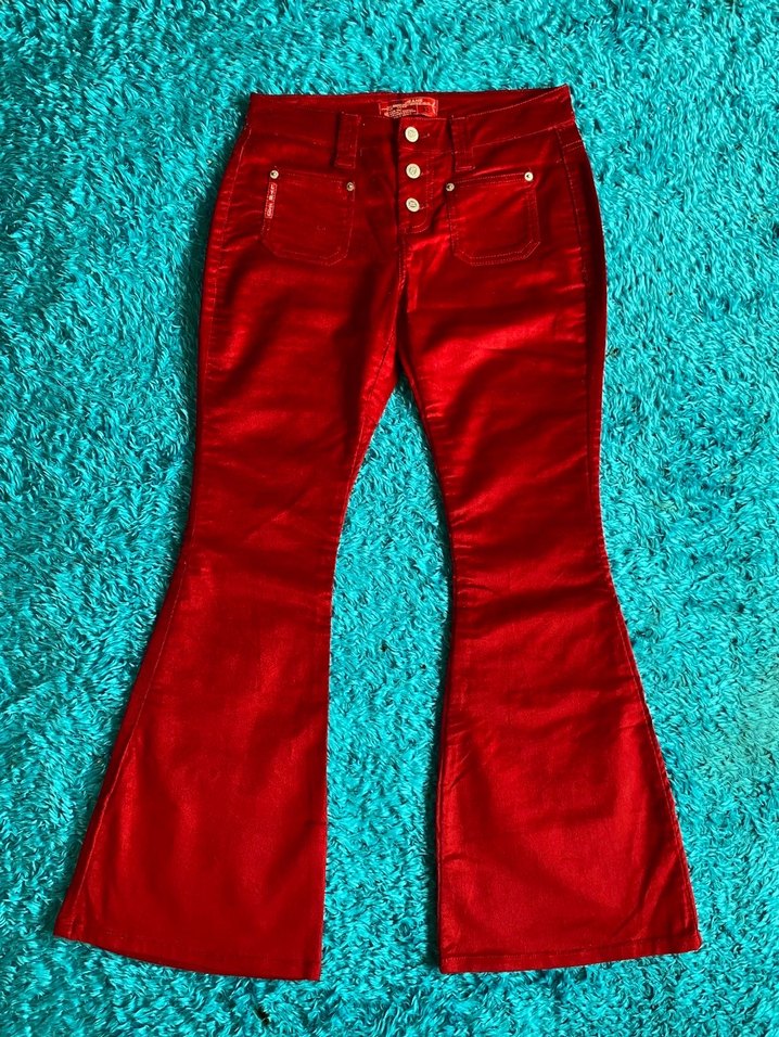 Düğmeli Kırmızı Kadın kadife İspanyol Paça Pantolon - Görsel 3