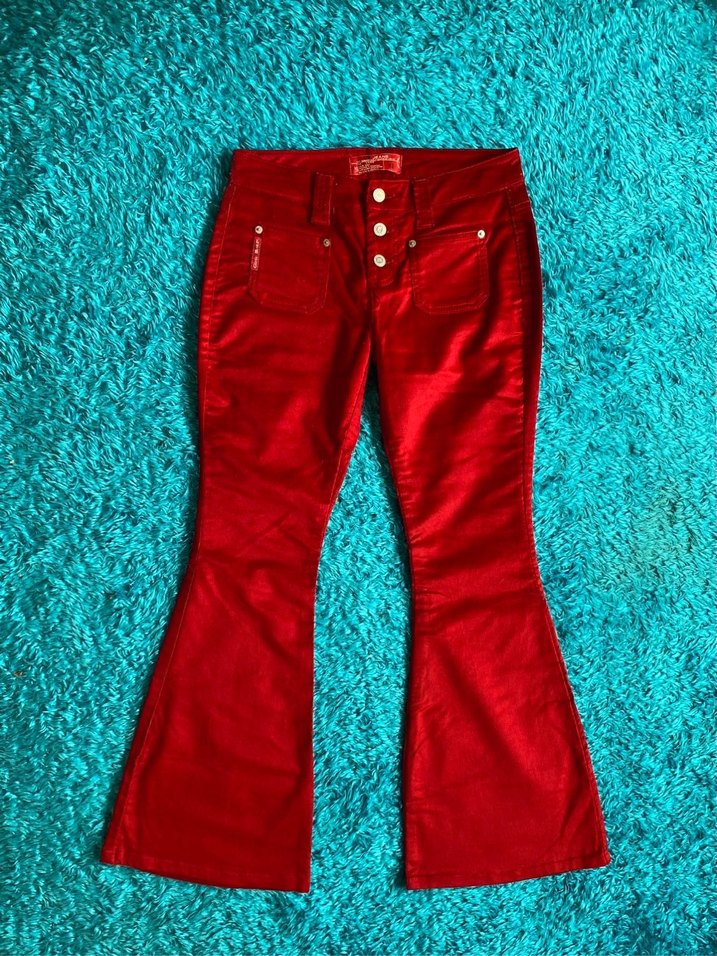 Düğmeli Kırmızı Kadın kadife İspanyol Paça Pantolon - Görsel 2