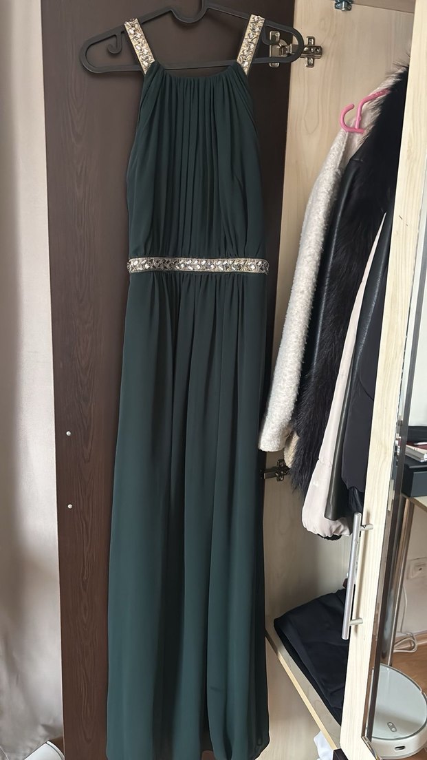 Yeşil İşlemeli V Yakalı Uzun Abiye Elbise - Görsel 3