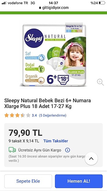 Sleepy 6+ XL 17-27 kg cırtlı bez