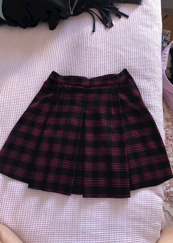 H&M Bordo Ekoseli Pileli Midi Etek