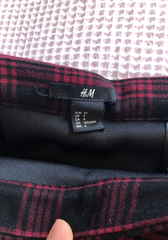 H&M Bordo Ekoseli Pileli Midi Etek - Görsel 3
