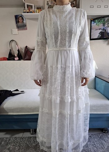 Tesettür Bohem Beyaz Uzun Kollu Dantel Elbise