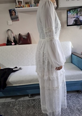 Diğer Tesettür Bohem Beyaz Uzun Kollu Dantel Elbise