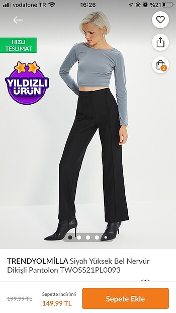 Siyah Yüksek Bel Nervür Dikişli Pantolon