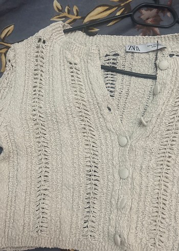 Bej Bohem V Yaka Örgü Kadın Hırka - Görsel 2