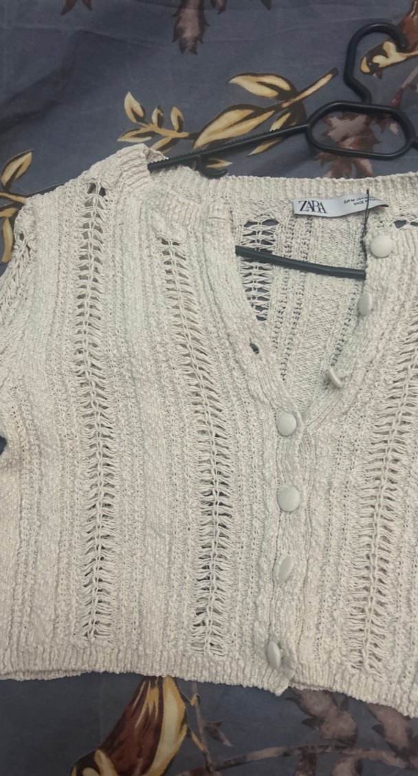 Bej Bohem V Yaka Örgü Kadın Hırka - Görsel 2