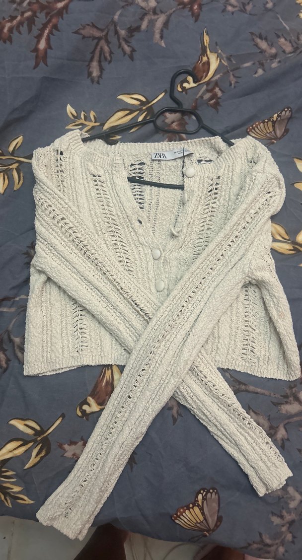 Bej Bohem V Yaka Örgü Kadın Hırka - Görsel 3