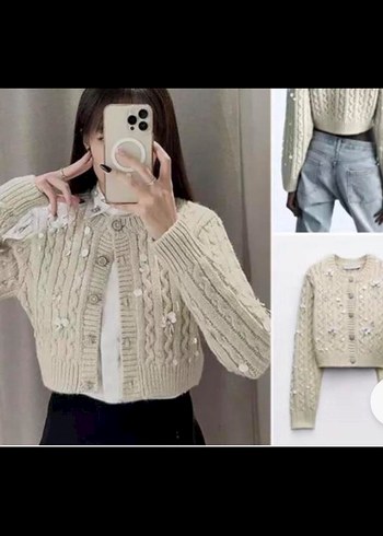 Düğmeli Bej Kadın Hırka Nakışlı - Görsel 2