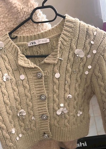 Düğmeli Bej Kadın Hırka Nakışlı - Görsel 3