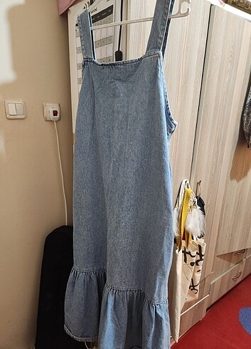 xl Beden Uzun Fırfırlı Kot Elbise 