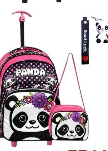 Çiçekli Panda Desenli Pembe Çocuk Valiz Çantası